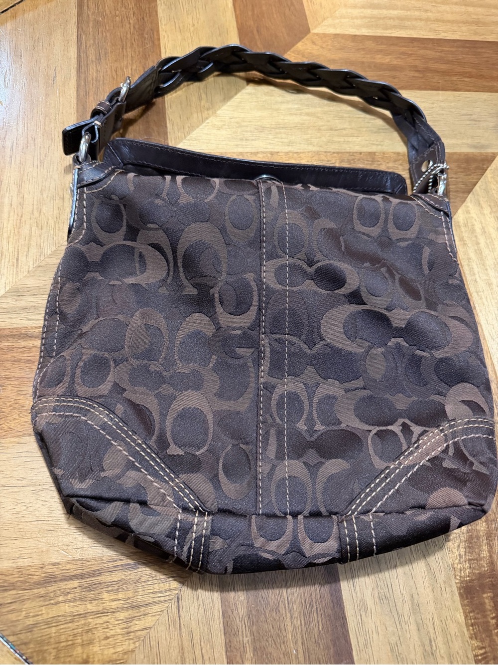Coach Brown Signature Jacquard Hobo with Braided Strap